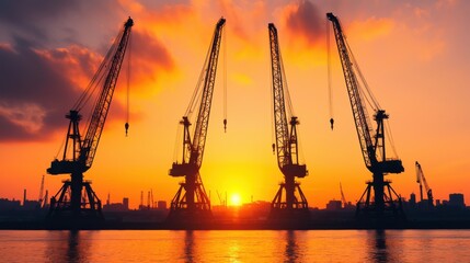 Obraz premium Dramatic orange sunset over an industrial harbor with towering silhouetted cranes showcasing the bustling activity and infrastructure of a thriving maritime trade hub