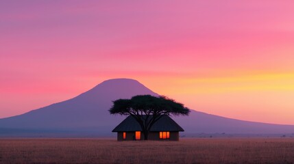 Dramatic sunset casts vibrant hues over silhouetted acacia trees and a rustic house nestled in the African savanna landscape