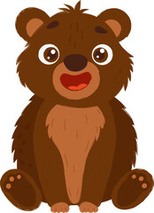 Adorable cartoon bear with brown fur and a happy expression, sitting upright in a playful and friendly pose on white background.