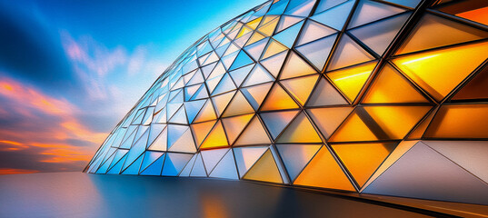 Fototapeta premium Geometric Facade at Sunset: A modern architectural marvel, its facade a mesmerizing tapestry of glass triangles in vibrant hues of orange, blue, and white, reflecting the dramatic sunset sky. 