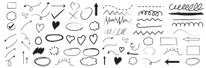 Line arrow hand drawn shape brush underline stroke element vector set. Hand drawn doodle sketch arrow, circle, star brush stroke scribble underline icon. Marker doodle heart vector illustration. 