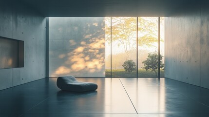 Modern minimalist interior with large windows and natural light reflection