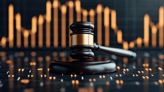 Close up image of a wooden judges gavel on a desk or table surrounded by rising and falling market graphs creating a backdrop that symbolizes the legal system judicial process