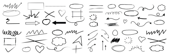 Line arrow hand drawn shape brush underline stroke element vector set. Hand drawn doodle sketch arrow, circle, star brush stroke scribble underline icon. Marker doodle heart vector&nbsp;illustration. 