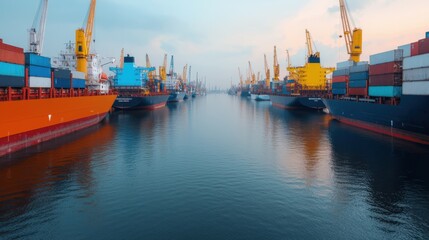 Fototapeta premium Bustling Container Port with Vessels and Cranes Transporting Goods Across the Waterway Aerial Panoramic View of a Thriving Maritime Industrial Hub with Cargo Containers and Logistical Infrastructure