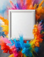 Blank picture frame mockup, Holi Powder Explosion, Artistic and Elegant white frame empty white canvas in front of a giant colour explosion out of paint, minimal mock up frame, wall art presentation t