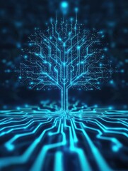 A digital tree design with circuit patterns, glowing in blue hues, symbolizing the fusion of nature and technology.