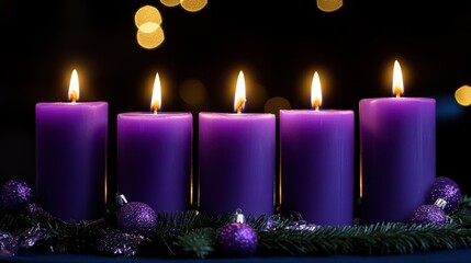Five purple candle arrangement with glowing flames and festive decorations in dark ambiance