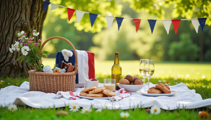 Cozy picnic with tricolor bunting under a tree, festive celebration