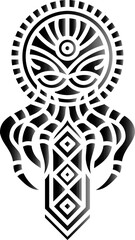 Stylized octopus illustration in black and white, featuring tribal patterns and a circular halo, ideal for tattoos or decorative art.