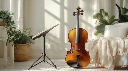 Well-lit living room with standing cello and music stand in bright decor