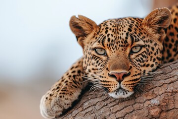 Fototapeta premium Closeup of a powerful spotted leopard s paw resting on a tree branch its intense gaze captivating the viewer and showcasing the wild elegant beauty of this apex predator in its natural habitat