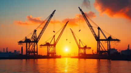 Obraz premium Dramatic silhouetted cranes stand tall against a vibrant sunrise sky casting their shadows over the bustling activity of an industrial harbor