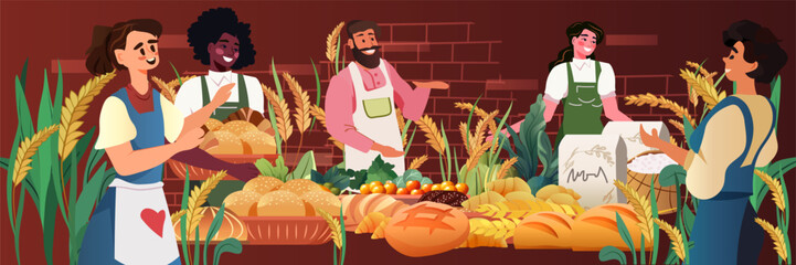 Farmers market bread stall vibrant scene people selling fresh bakery goods surrounded by wheat plants and vegetables colorful design website banner