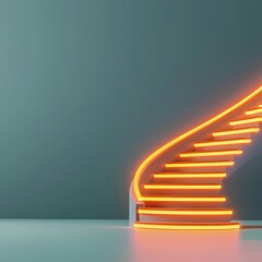 Obraz premium A modern spiral staircase with glowing orange lights against a muted green wall, creating a vibrant and contemporary aesthetic.