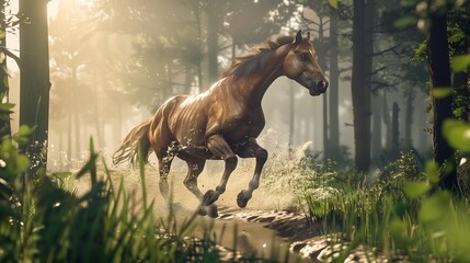 Naklejka premium A powerful horse galloping through a misty forest trail, with droplets of water splashing from its hooves and the soft glow of early morning light filtering through the trees.