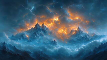 Fiery storm clouds illuminate snowy mountain peaks
