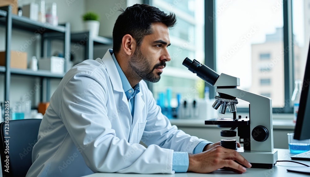 Poster scientist meticulously examines a sample under a microscope in a laboratory setting.