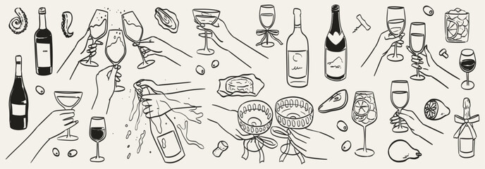 Hands hold white sparkling or red wine, champagne or cocktail glasses set. Cheers vector illustration for greeting card, postcard, wedding invitation, menu design. Line drawing of people celebrating.
