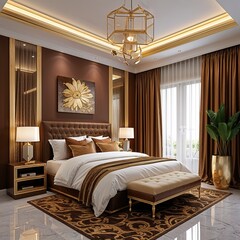 Bedroom area brown and gold on plain white background