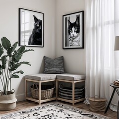 Cat corner area black and white on plain white background