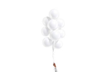 Hand holding blank white sphere balloon bouquet mockup, isolated © Alexandr Bognat
