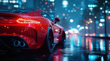 Sleek red sports car on rainy night city street with glowing lights and reflective road