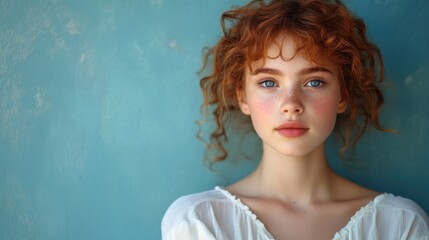 Young woman with red hair and freckles standing against a blue wall, looking thoughtful