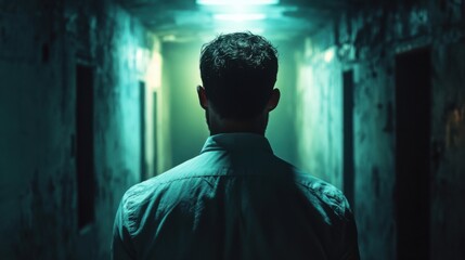 Man in dimly lit corridor: solitary, mysterious atmosphere with green hue