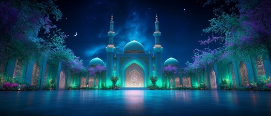 Stunning arabic calligraphy and mosque under moonlit night sky highlighting rich tradition and artistic mastery