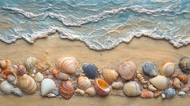 Artistic arrangement of beach sand and seashells, creating a natural summer-themed copy space. - Powered by Adobe