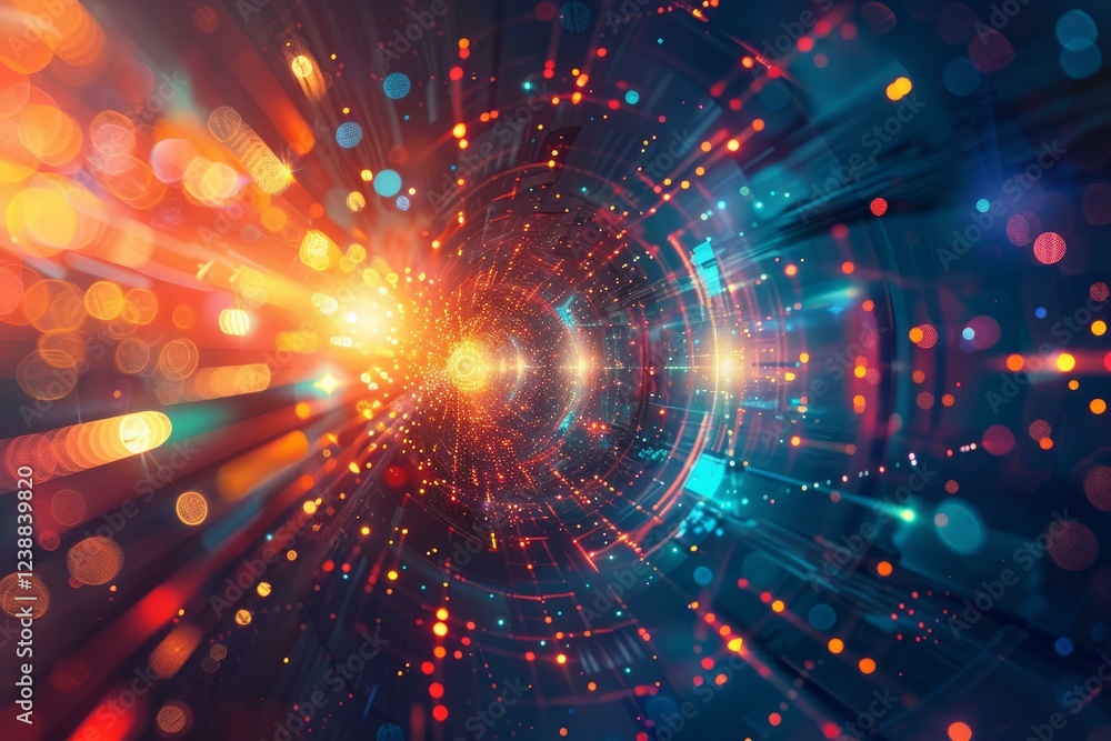 Poster vibrant and futuristic abstract technology tunnel with glowing particles and lights in a digital bac