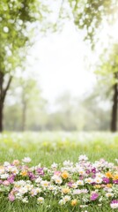 Fototapeta premium Spring Meadow: Delicate wildflowers bloom in profusion across a vibrant green meadow, framed by lush trees under a soft, bright sky. This idyllic scene evokes a sense of springtime peace and renewal.