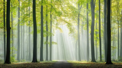 Fototapeta premium Mystical Sunbeams in Foggy Green Forest Tranquil Path Nature Scene