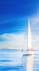 Fototapeta premium Sailing into Serenity: A solitary sailboat glides across the azure expanse of the ocean, its white sails billowing in the gentle breeze.