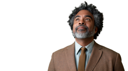 Pensive businessman looking up with transparent background