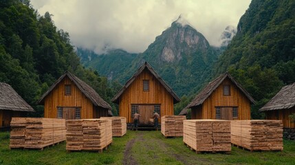Obraz premium Cozy wooden cabins nestled in a picturesque misty mountain valley surrounded by dense lush forest Traditional alpine architecture in a remote and peaceful natural setting
