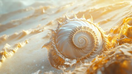 Close-up of a spiral seashell resting on golden sand, capturing intricate details.