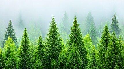 Fototapeta premium Misty Evergreen Forest Lush Green Coniferous Trees in Fog Nature Background