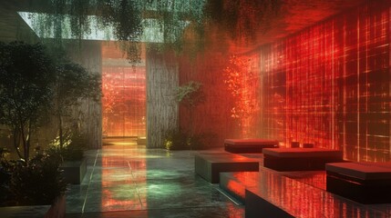 Futuristic lounge with red led lights, modern seating, and lush greenery