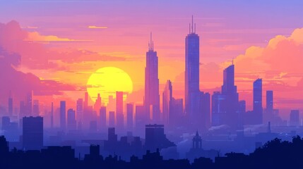 Obraz premium Futuristic City Sunset Silhouette