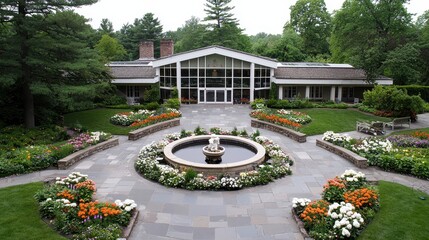 Serene Garden Fountain Landscaping Flowers Building Exterior Summer