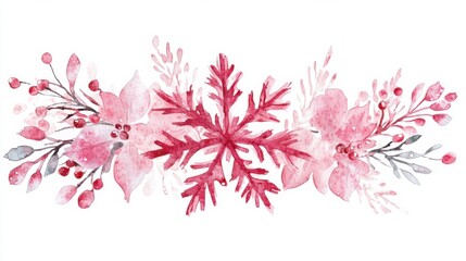 Naklejka premium Watercolor winter floral arrangement with pink poinsettias and red snowflake