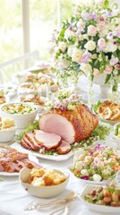 A Festive Easter Feast: A bountiful spread for an Easter celebration, featuring a roasted ham, various side dishes, and a centerpiece of blooming flowers. This image evokes warmth, hospitality.