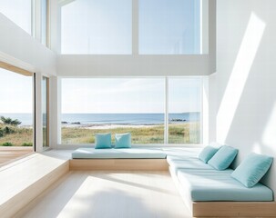 Fototapeta premium A large open living room with a view of the ocean