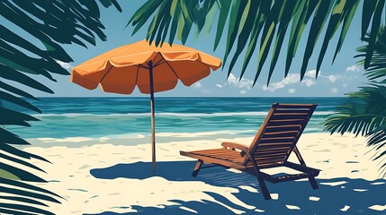 Obraz premium Coconut-leaf beach parasol shading a wooden lounge chair on a sunny beach.