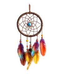 Colorful dream catcher with feathers and beads isolated on transparent background, PNG, cut out