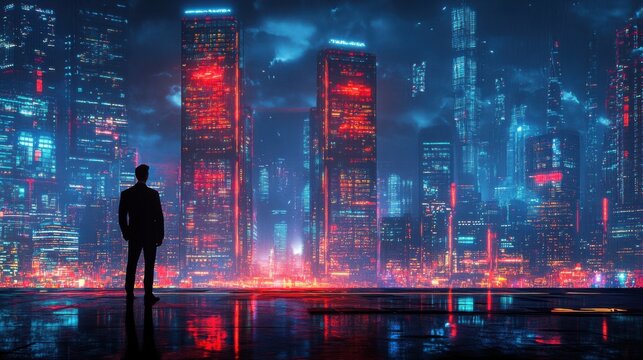 Futuristic urban skyline at night with neon lights and silhouette of businessman
