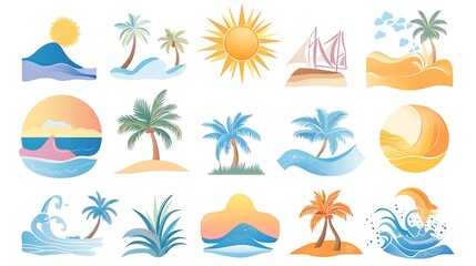 Fototapeta premium Collection of tropical island vector icons with sun, waves, and palm trees.