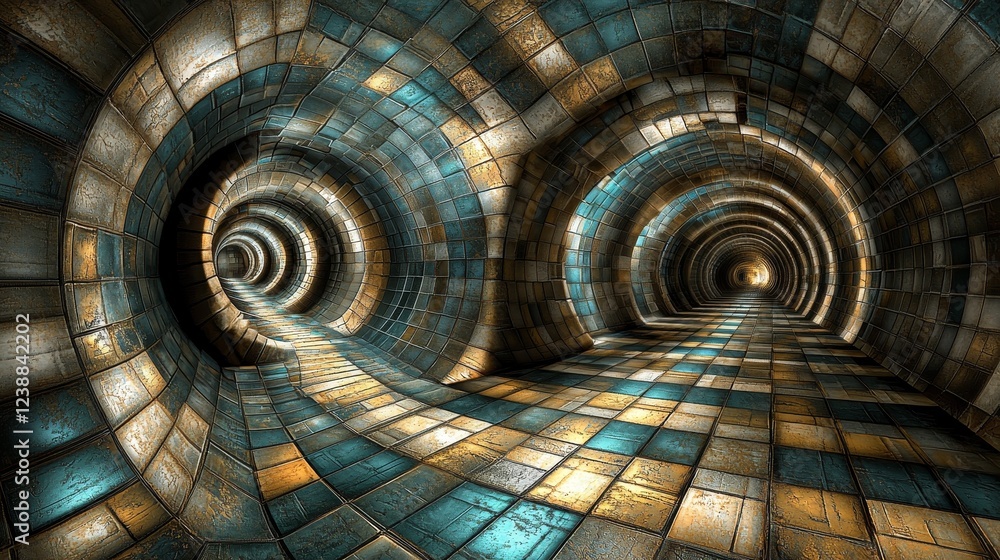 Poster capturing the essence of entropy in vibrant tiled tunnel design